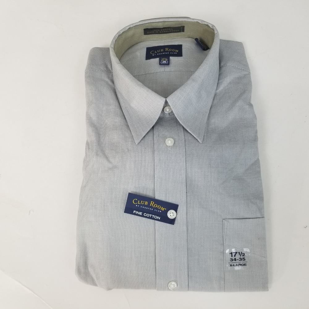 Club Room Dress Shirt Men 17.5 34/35 Grey Birdseye Dobby Fine Cotton Long Sleeve